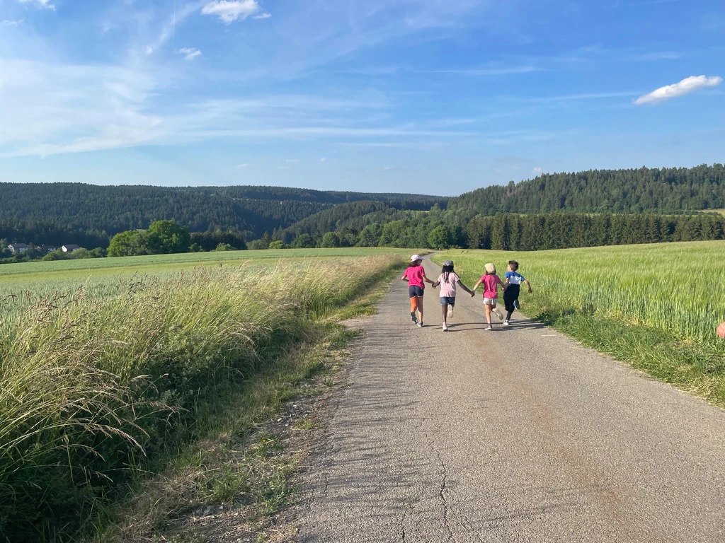 Kinder laufen einen sonnigen Feldweg entlang