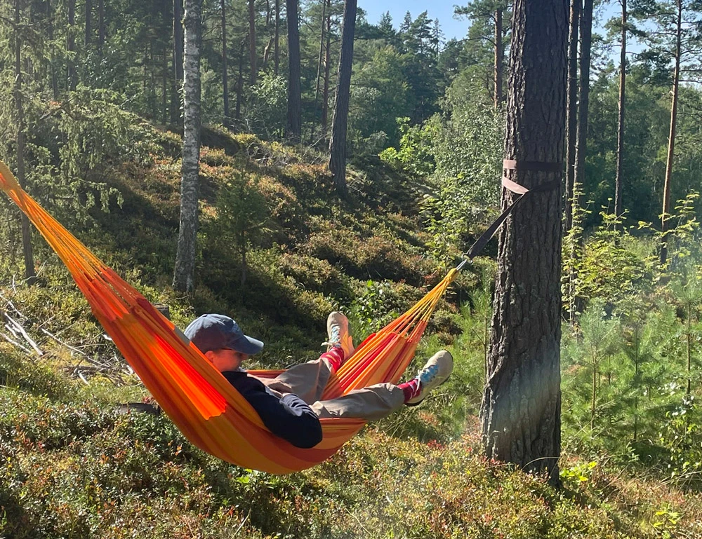 Junge im Wald in einer Hängematte