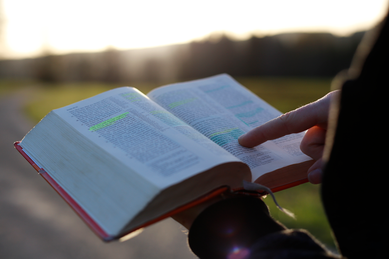 aufgeschlagene Bibel mit markierten Stellen in den Händen