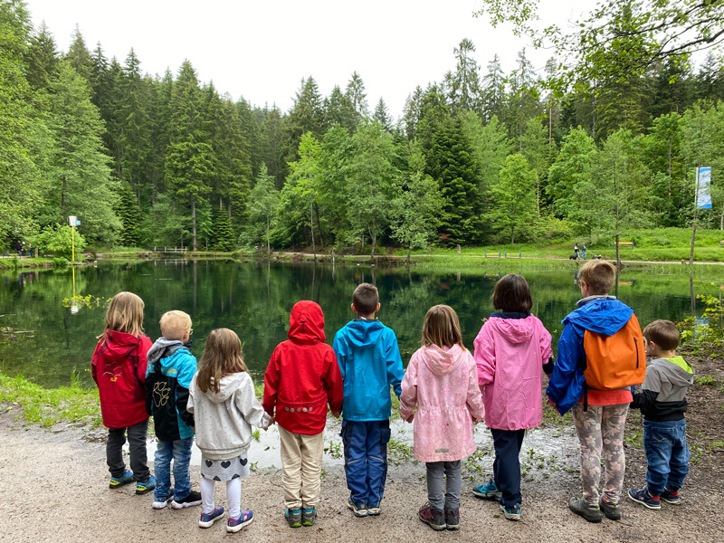 Gruppe kleiner Kinder an einem Waldsee