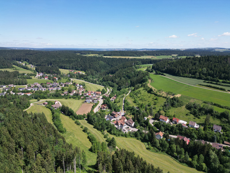 Luftbild vom Dorf mit Wäldern und Wiesen