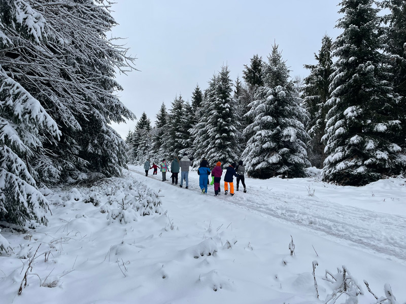 Verschneiter Winterwald mit Kindern in bunten Schneeklamotten bei einer Wanderung
