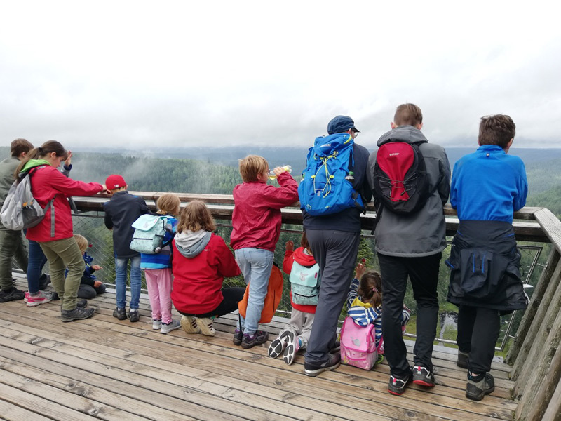 Kinder und Erzieher auf einer Wanderung bei einem Aussichtspunkt